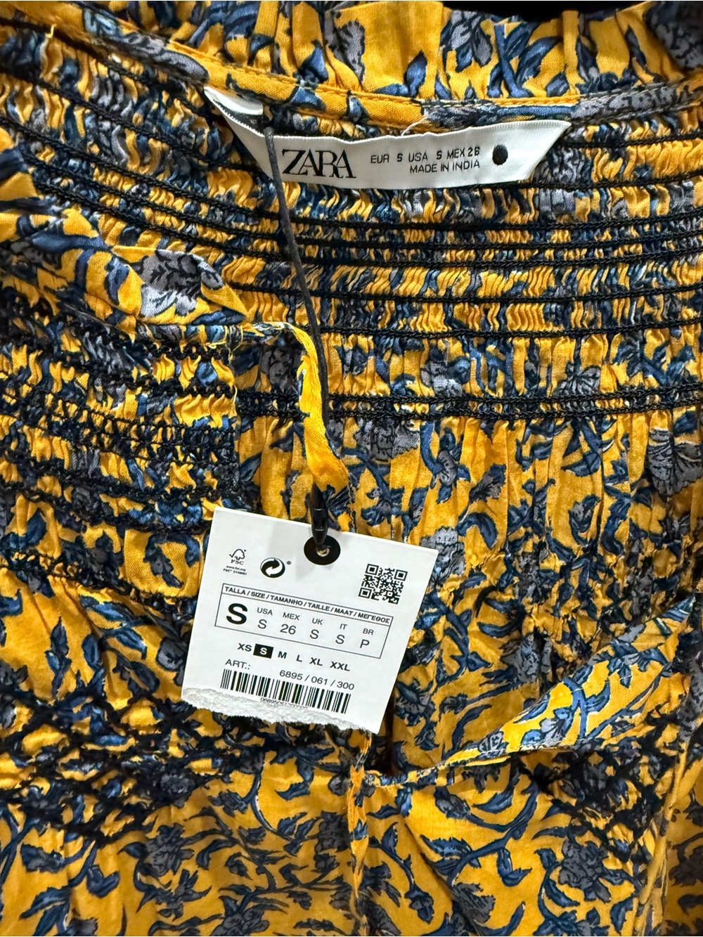 Zara Mustard Yellow Floral Smocked Blouse